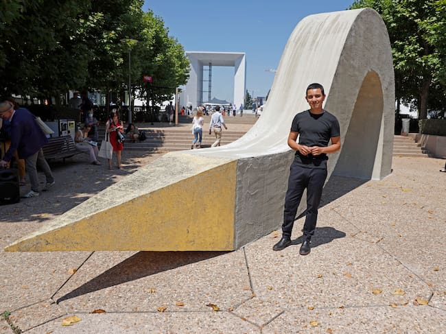 PARIS, FRANCE - JUNE 25: Artist Ivan Argote is seen posing in front of his piece "Strenghtlessness" as part of "Les extatiques 2020" outdoor exhibition on June 25, 2020 in Paris, France. (Photo by Pierre Suu/Getty Images)