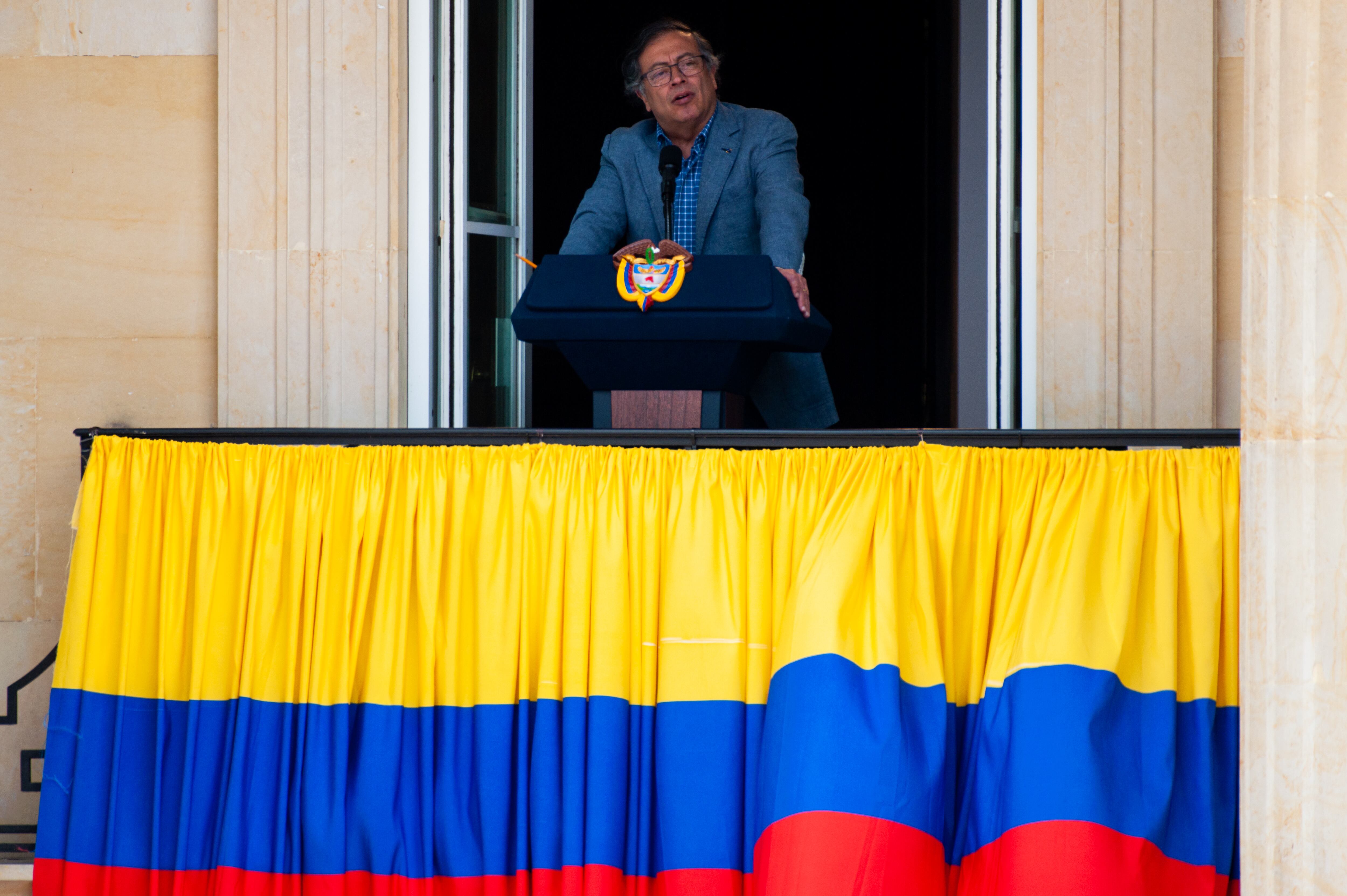 Colombian president Gustavo Petro gives speech about the International Labor Day at the Narino presidential palace in Bogota, Colombia on May 1, 2023. (Photo by Sebastian Barros/NurPhoto via Getty Images)
