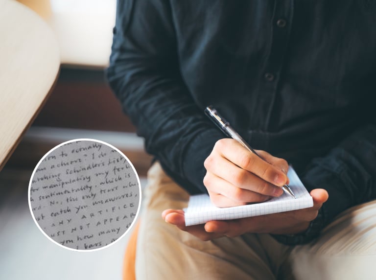 Hombre escribiendo a mano en libreta / Letra pequeña (Getty Images)