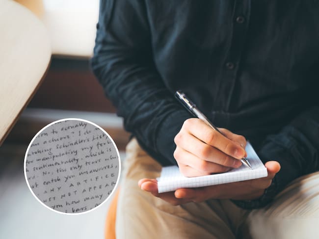 Hombre escribiendo a mano en libreta / Letra pequeña (Getty Images)
