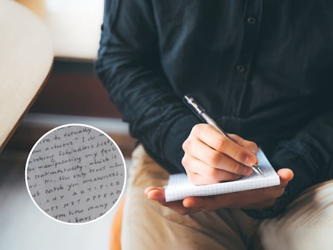Hombre escribiendo a mano en libreta / Letra pequeña (Getty Images)