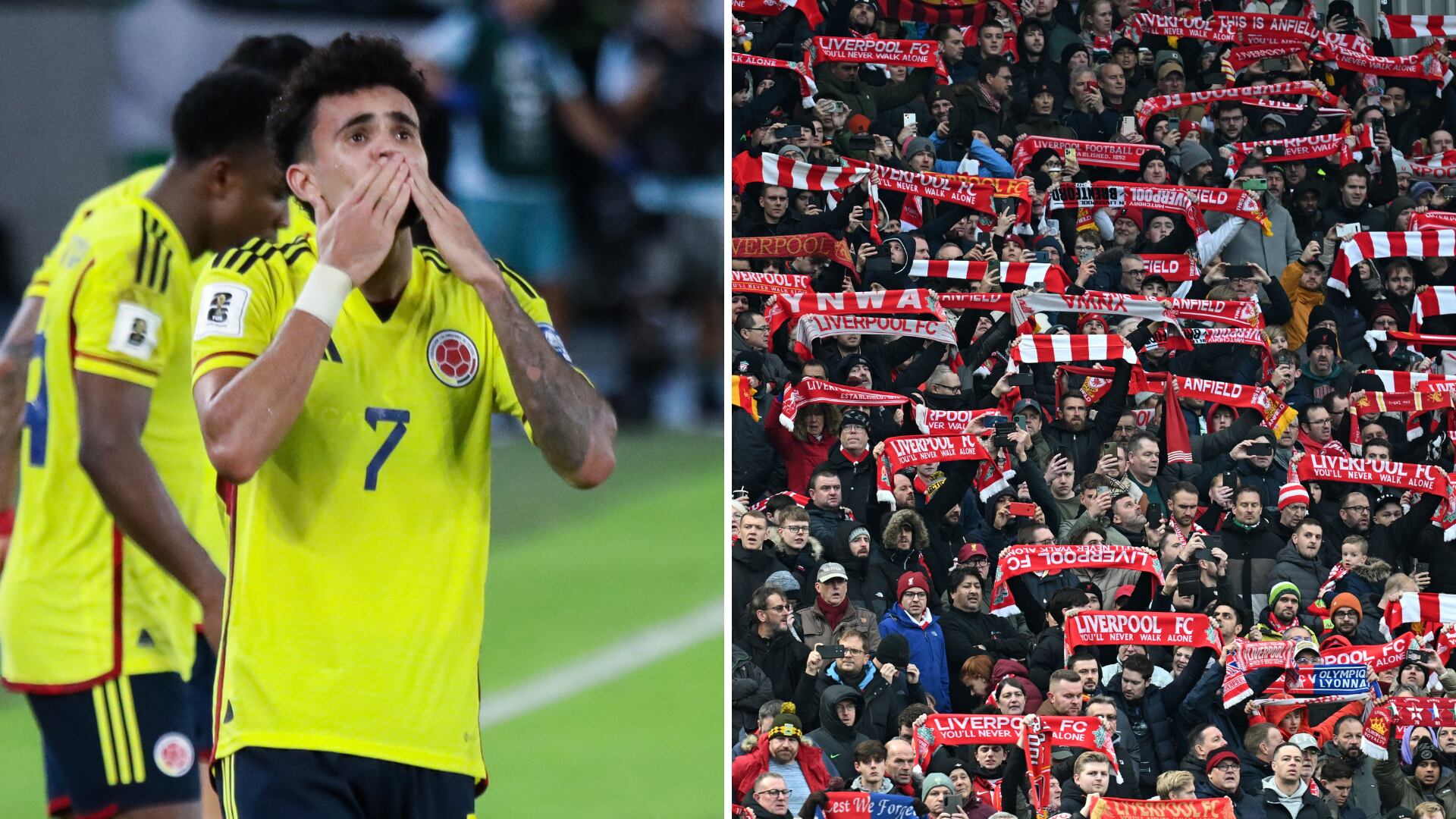 Luis Díaz celebra su gol vs Brasil. Fans en Anfield.