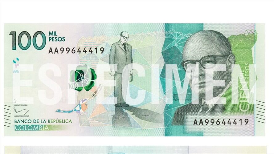 El billete de $100.000 tendrá el rostro del expresidente Carlos Lleras Restrepo y la imagen de la palma de cera y el Valle del Cocora. . Foto: http://www.banrep.gov.co/.