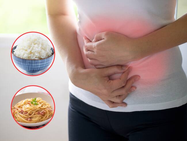 De fondo, una mujer con dolor de estómago. En los círculos, imágenes de un plato de arroz y de pasta / Fotos: GettyImages
