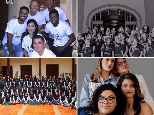 Camerata Vocale Sine Nomine (Cuba), Coro de la Universidad de Puerto Rico, Coro Juvenil I.E.M. (Colombia) y Cuatro d'Luna (Puerto Rico). Fotos: Corearte Colombia (Manizales) 2024.