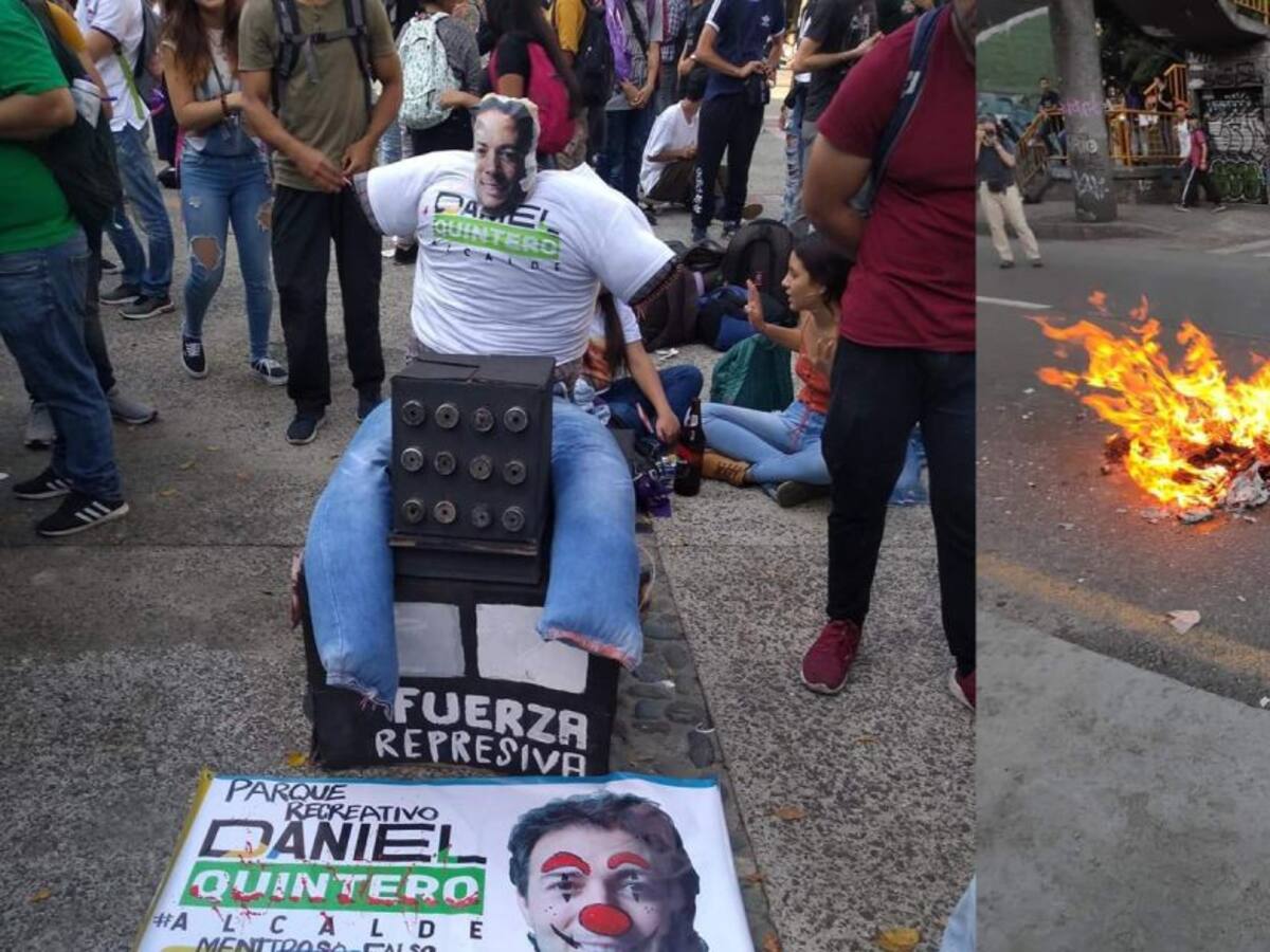 Queman muñeco de trapo con el rostro del alcalde de Medellín