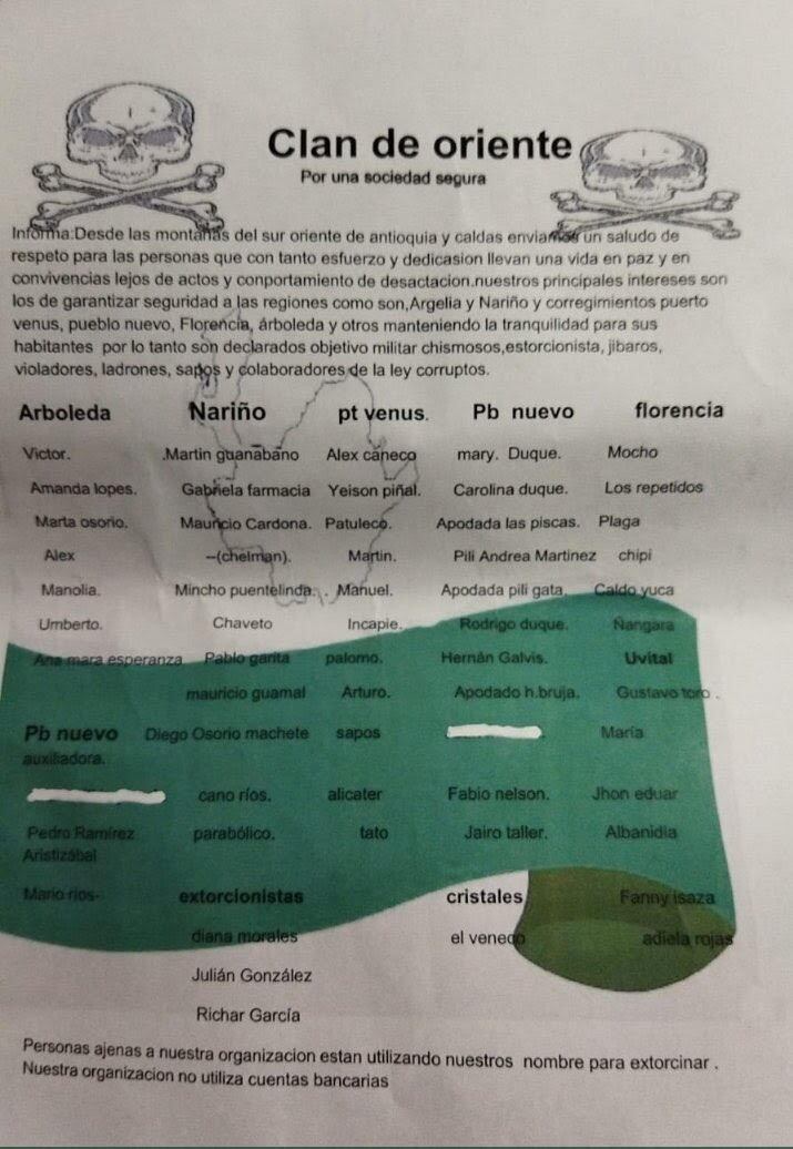 El panfleto circula en el Oriente antioqueño, puntualmente en los municipios de Argelia y Nariño. Foto: cortesía.