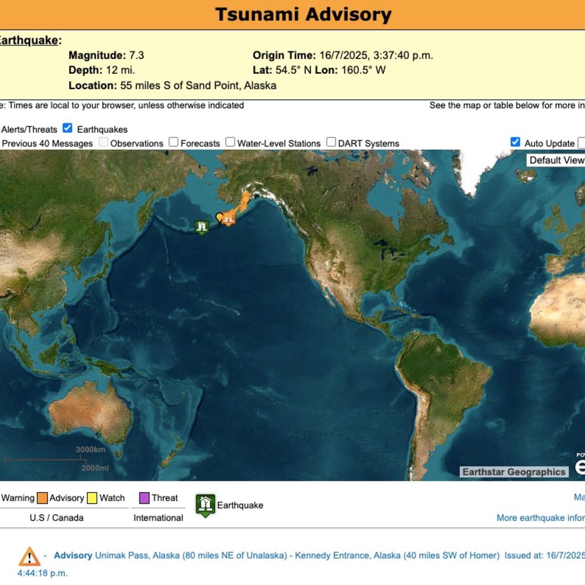 Sismo de 7,3 sacude la costa de Alaska y activa alerta de tsunami