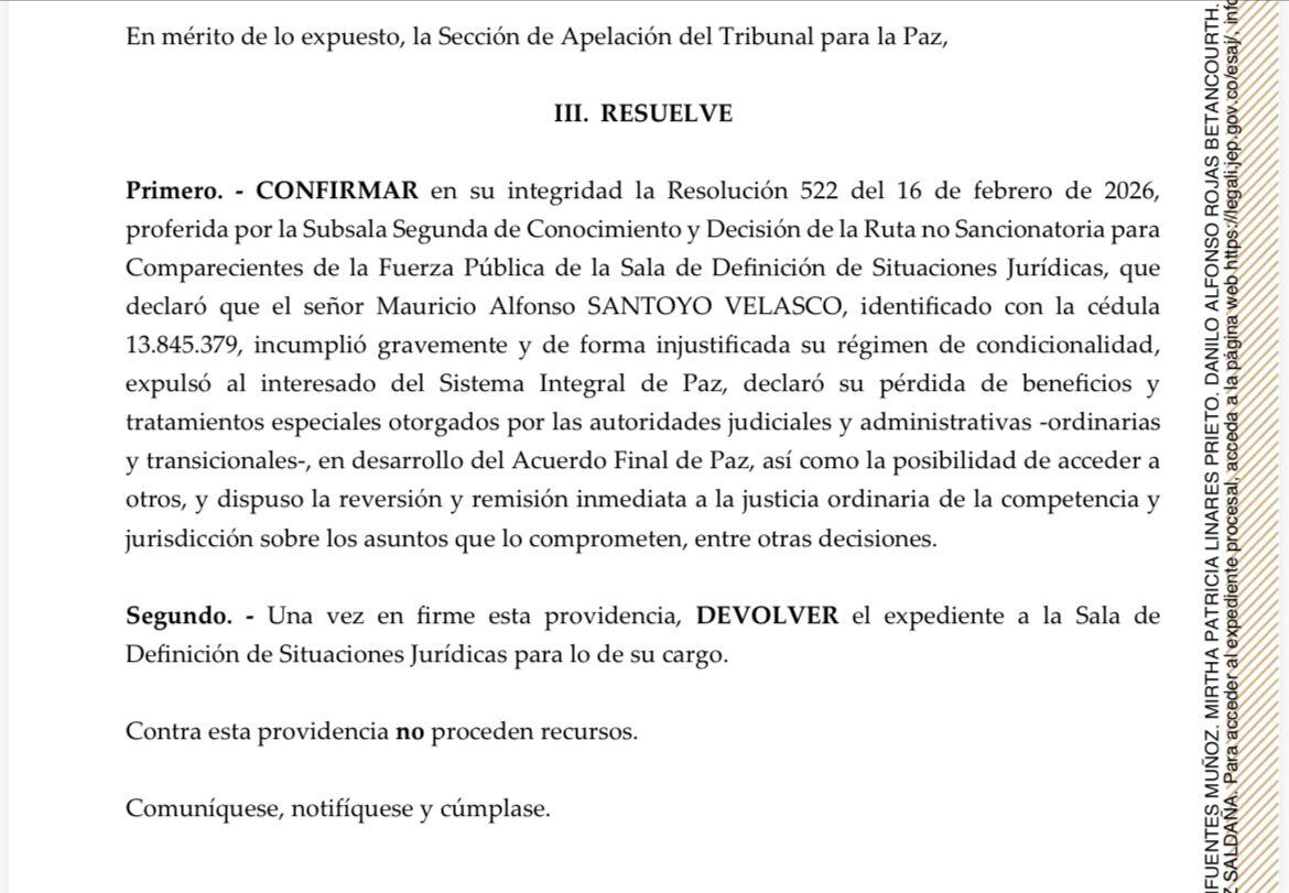Decisión de la JEP de expulsar al general (r) Mauricio Santoyo