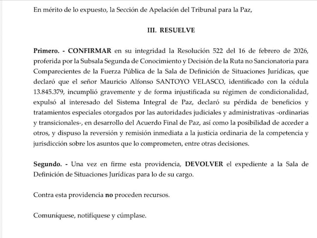 Decisión de la JEP de expulsar al general (r) Mauricio Santoyo