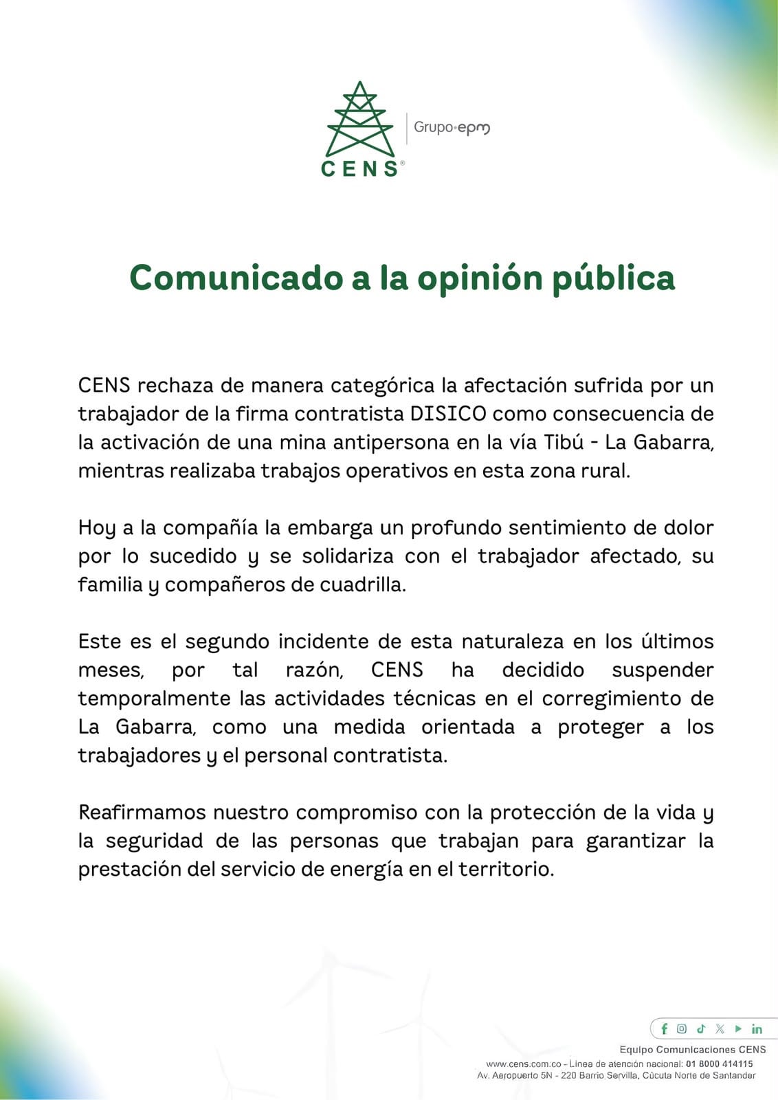 Trabajador de CENS EPM cayó en campo minado en el Catatumbo