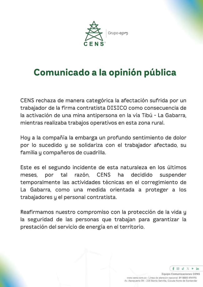 Trabajador de CENS EPM cayó en campo minado en el Catatumbo