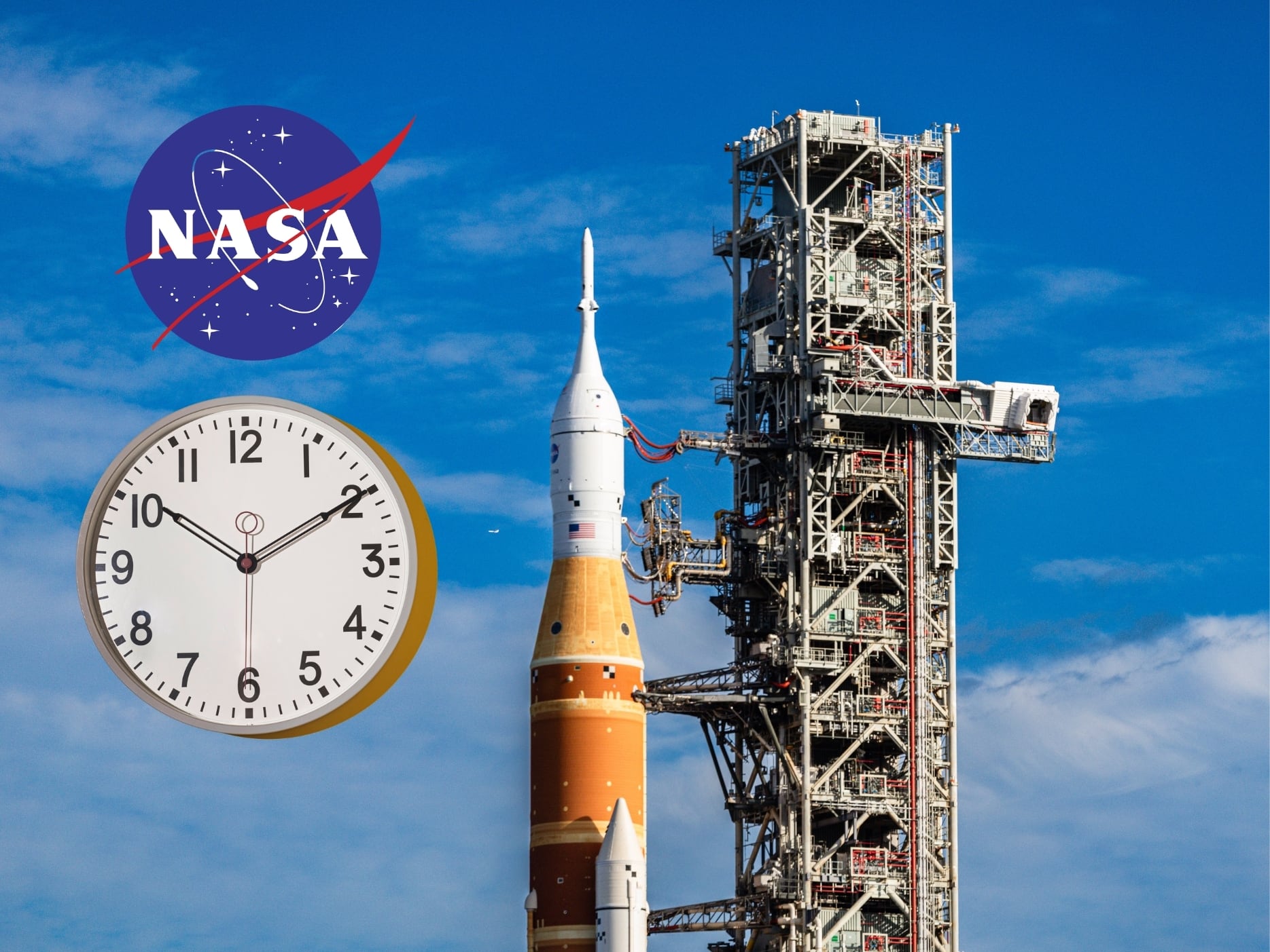 En portada: Imagen ilustrativa del cohete ARTEMIS I. A la izquierda, el logo oficial de la NASA y un reloj, simbolizando el tiempo (Crédito: Getty Images)