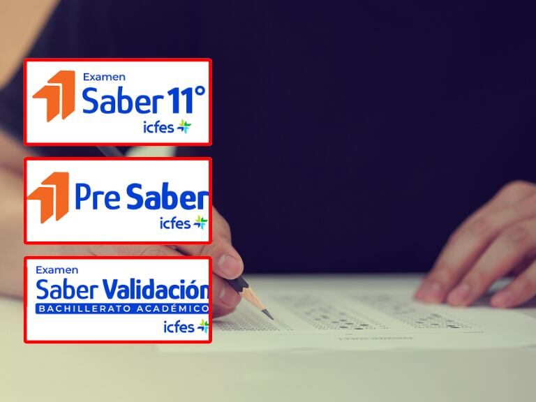 Persona presentando un examen; y logos de pruebas ICFES. (Foto: Getty Images)