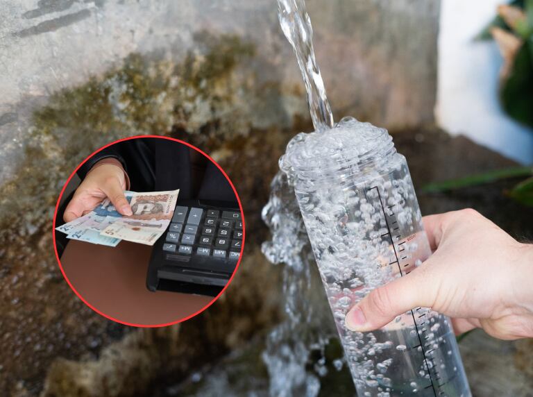 Persona recogiendo agua en un termo de agua / Persona con calculadora y billetes colombianos (Getty images)