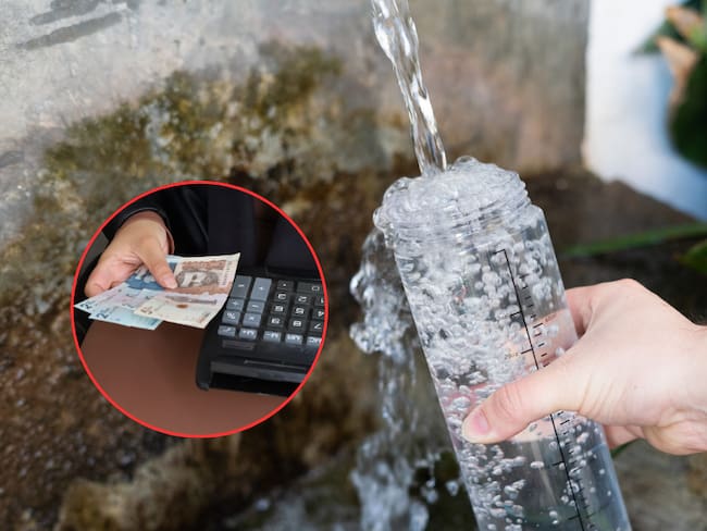 Persona recogiendo agua en un termo de agua / Persona con calculadora y billetes colombianos (Getty images)