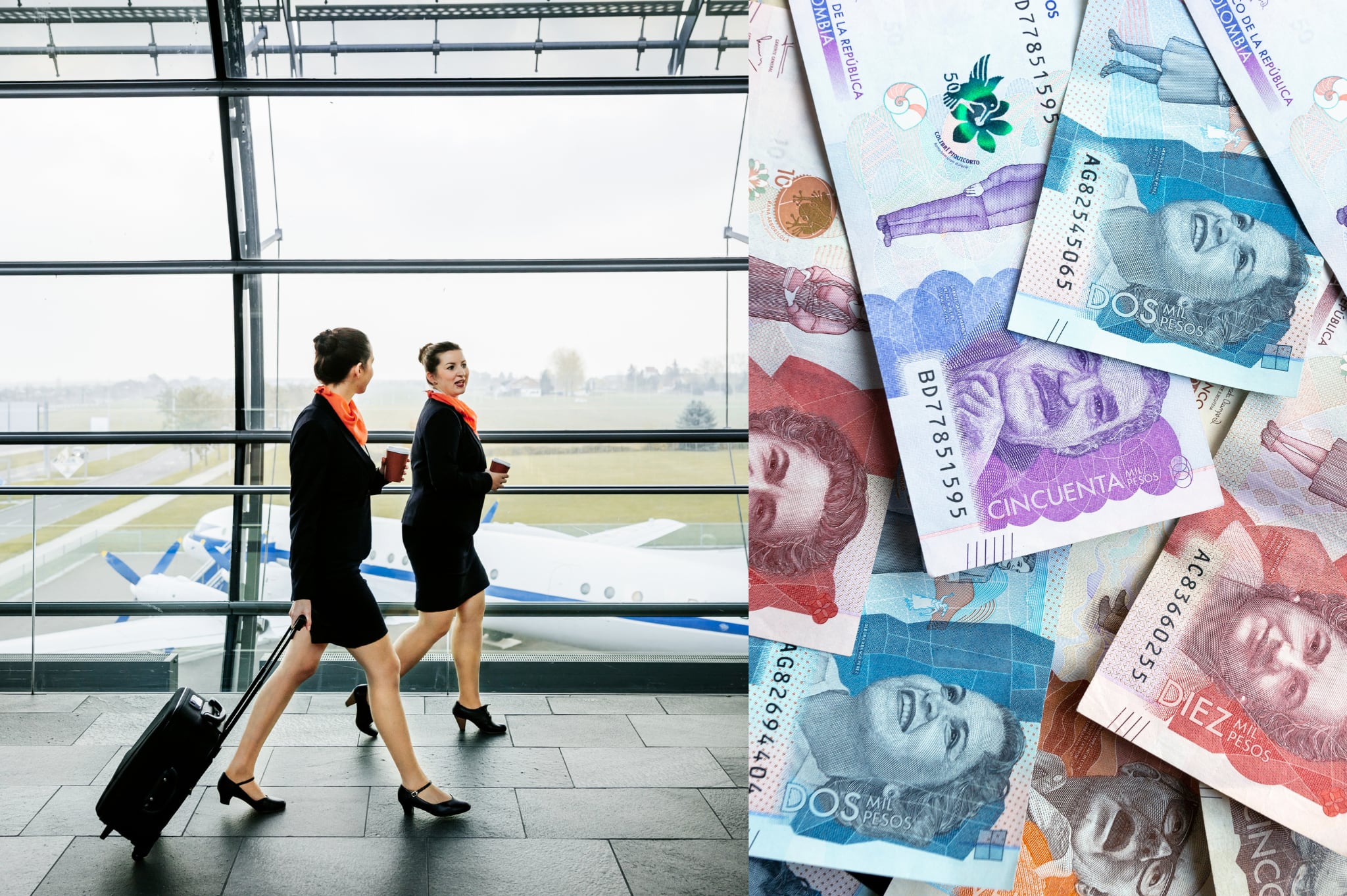 Auxiliares de vuelos y dinero colombiano (imagen vía Getty Images)