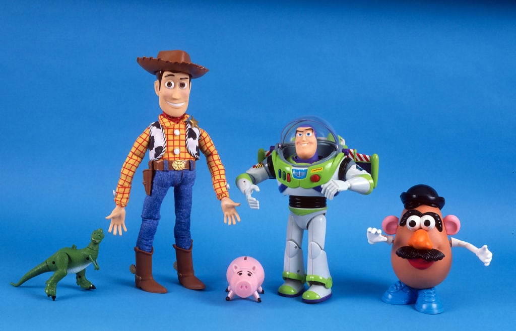 NEW YORK, NY - NOVEMBER 15: (left to right: Tyrannosaurus Rex; Woody; Hamm, the pig; Buzz Lightyear; and Mr. Potato Head) Toys from the movie 'Toy Story,' are photographed November 15, 1995 in New York City. (Photo by Yvonne Hemsey/Getty Images)