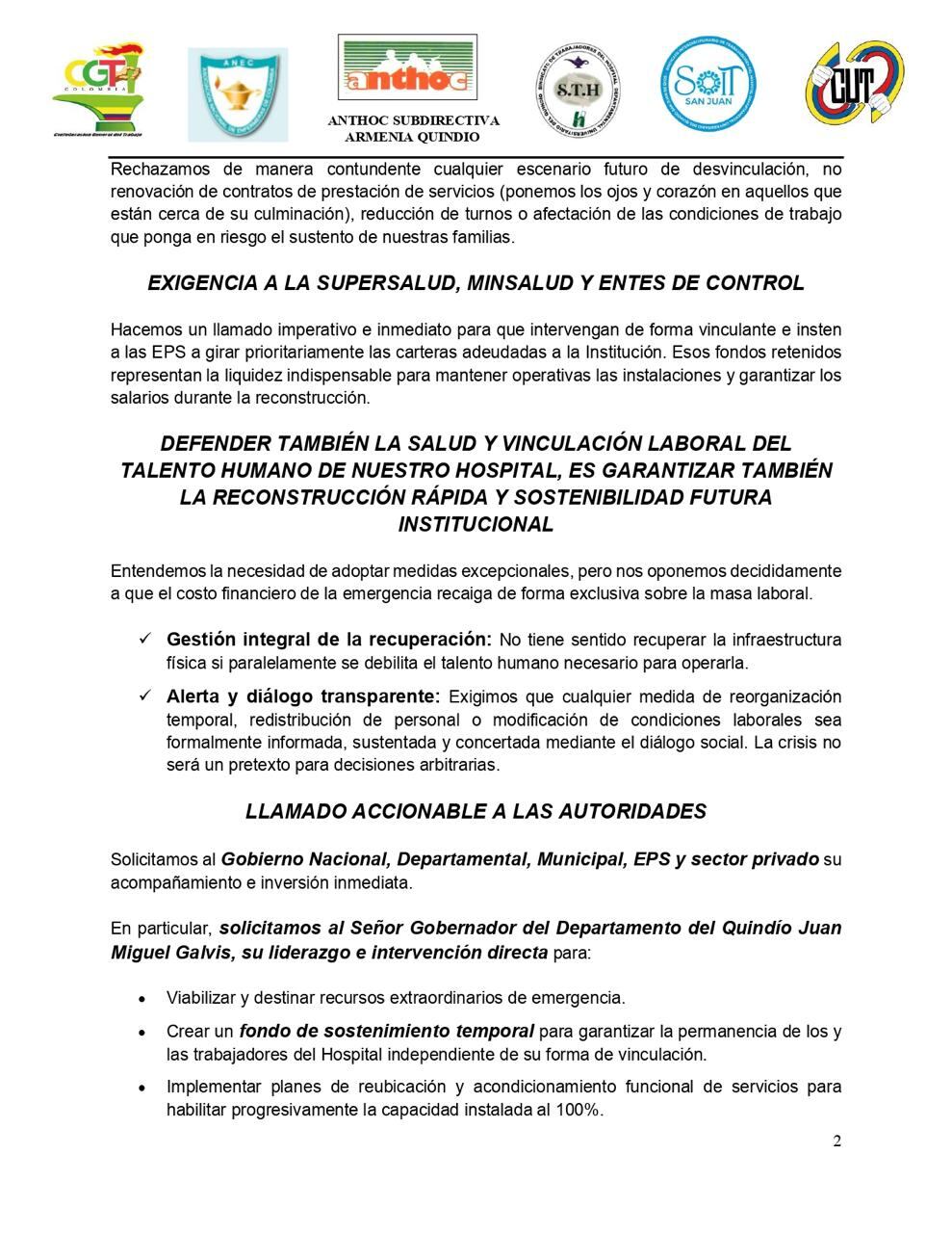 Comunicado sindicatos Foto: Cortesía sindicatos del hospital San Juan de Dios de Armenia