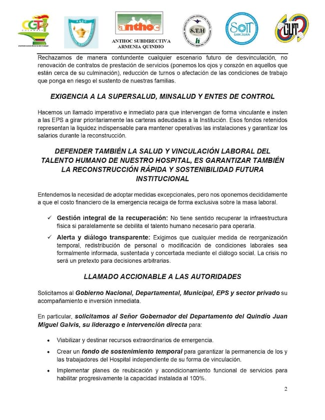 Comunicado sindicatos Foto: Cortesía sindicatos del hospital San Juan de Dios de Armenia