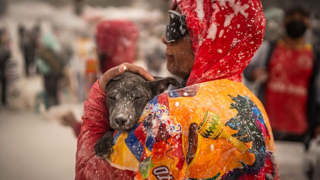Una persona con su mascota durante el Carnaval de Negros y Blancos en Pasto (Foto vía Getty Images)