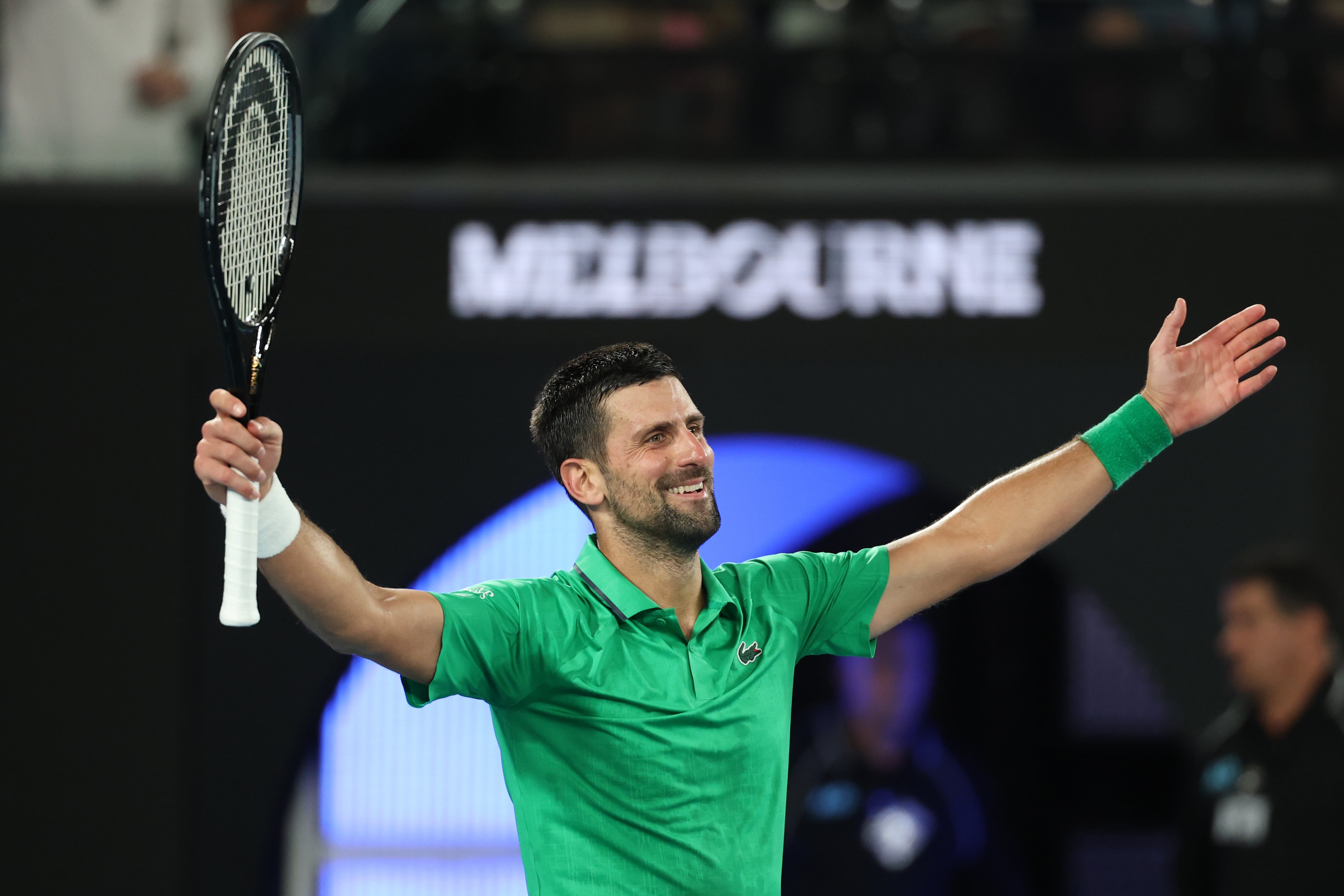 MELBOURNE, AUSTRALIA - JANUARY 30: Novak Djokovic of Serbia celebrates his victory in the Men's Singles Semifinal against Jannik Sinner of Italy during day 13 of the 2026 Australian Open at Melbourne Park on January 30, 2026 in Melbourne, Australia. (Photo by Clive Brunskill/Getty Images)