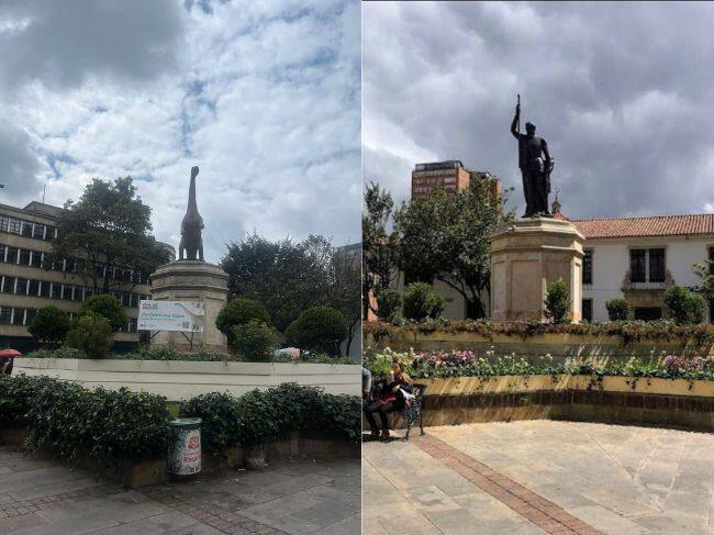 De Gonzalo Jiménez de Quesada a un dinosaurio en la Plazoleta del Rosario en Bogotá. Foto: Caracol Radio.