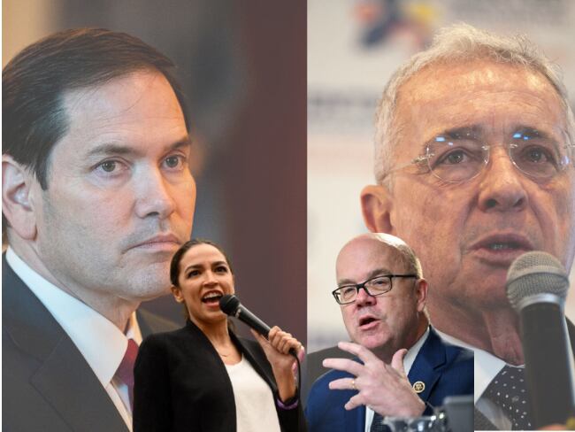 Marco Rubio, secretario de Estado EE.UU. Álvaro Uribe, expresidente colombiano. Alexandra Ocasio-Cortez y Jim McGovern, congresistas estadounidenses.
