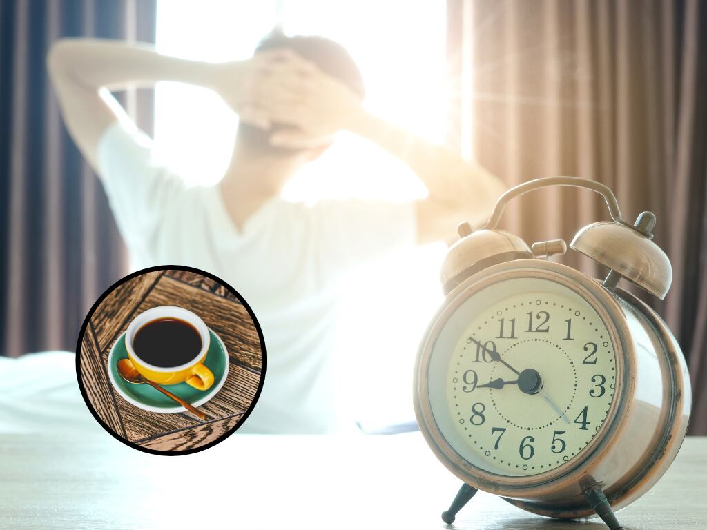 Hombre levantándose en la mañana y de fondo una taza de café negro (Fotos vía Getty Images)