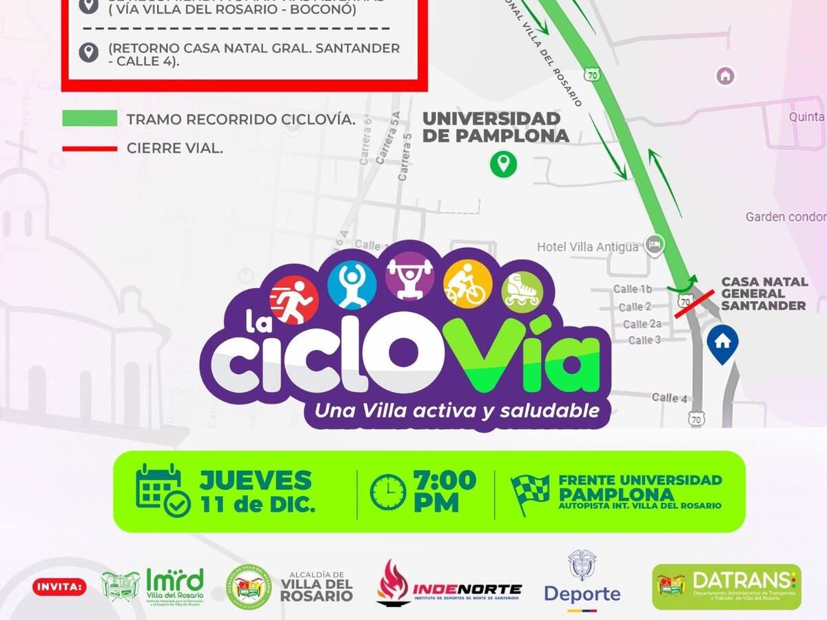 Cierres viales hoy en Villa del Rosario por ciclovía navideña