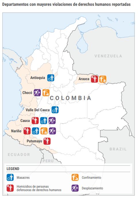 Mapa de los departamentos con mayores violaciones de derechos humanos registradas en 2022. 
(Foto: Cortesía Oficina del Alto Comisionado para los Derechos Humanos de Naciones Unidas en Colombia).