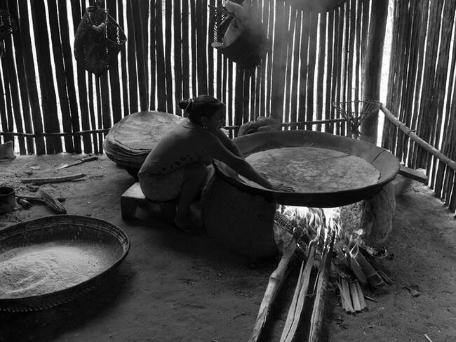 Para extraer el jugo tóxico de la yuca, ellas utilizan el tipití, un exprimidor tejido en fibra de palma. Este objeto no es solo una herramienta, sino un elemento espiritual que representa la purificación de la comida que sostendrá a la comunidad. | Foto: Rosalía León