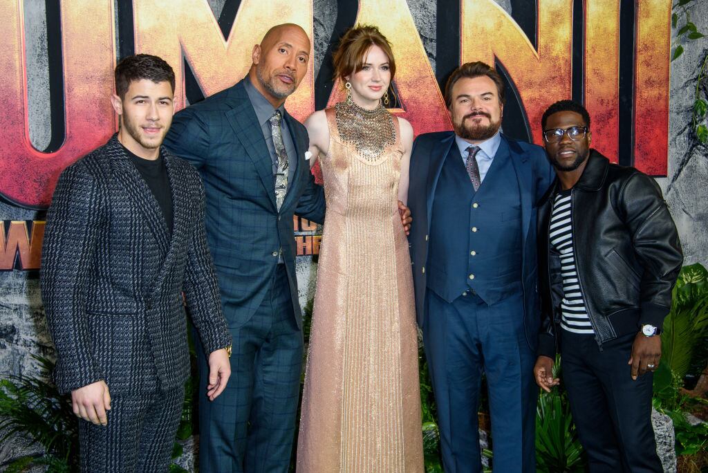 LONDON, ENGLAND - DECEMBER 07: Nick Jonas, Dwayne Johnson, Karen Gillan, Jack Black and Kevin Hart attend the 'Jumanji: Welcome To The Jungle UK premiere held at Vue West End on December 7, 2017 in London, England. (Photo by Joe Maher/FilmMagic)