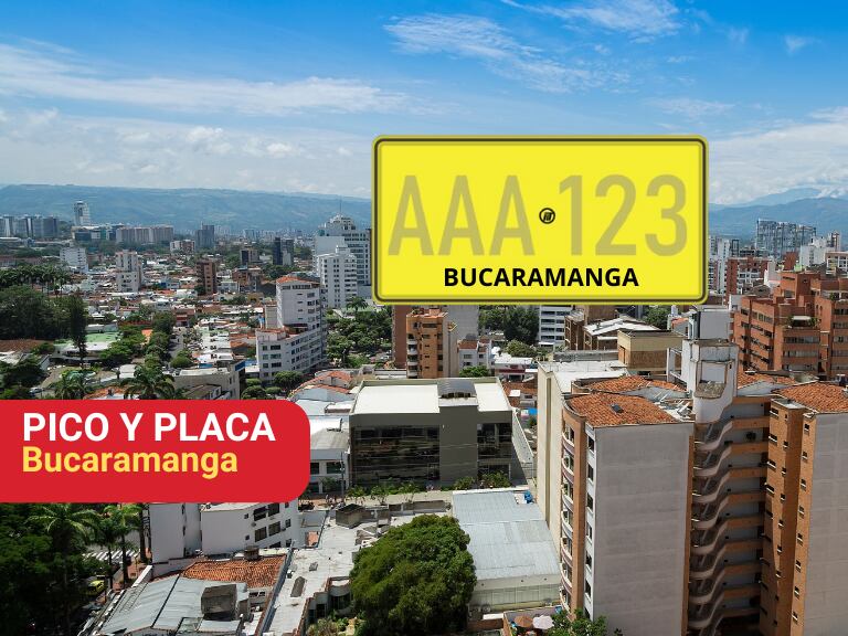 Vista de Bucaramanga y al lado una placa alusiva a un vehículo (Fotos vía Getty Images)