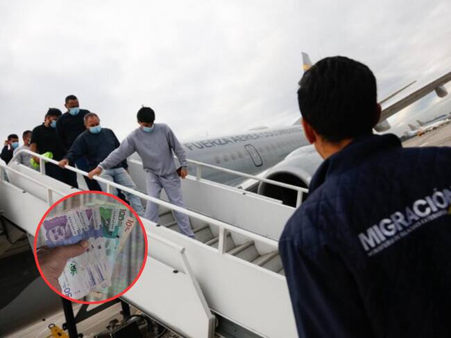 Migrantes colombianos siendo recibidos en Colombia desde Estados Unidos y al lado varios billetes colombianos (Fotos vía COLPRENSA y Getty Images)
