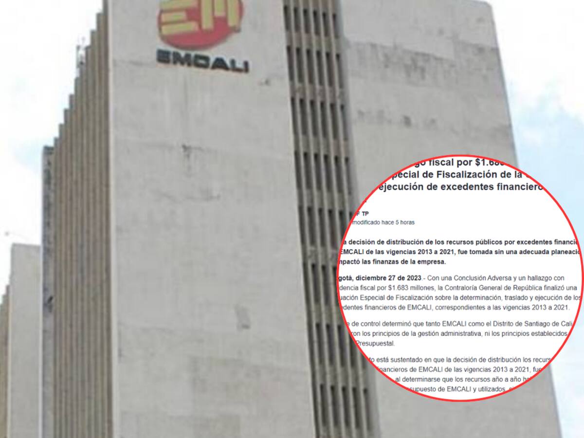 Contraloría concluye que EMCALI afectó finanzas al distribuir mal excedentes financieros