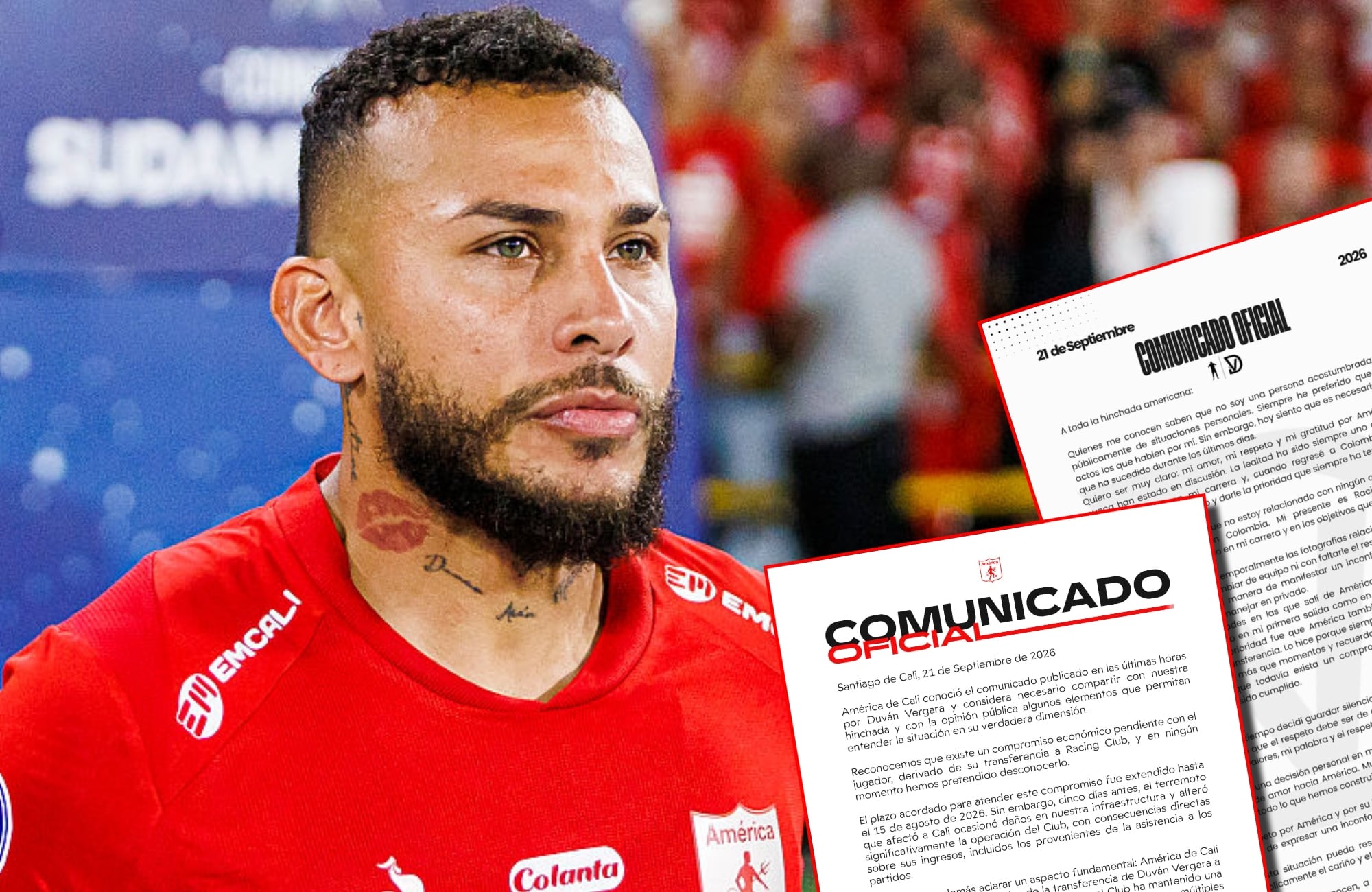 Duván Vergara y comunicado de América de Cali. Fotos: (Photo by Mauricio Duque/Eurasia Sport Images/Getty Images) / x @AmericadeCali
