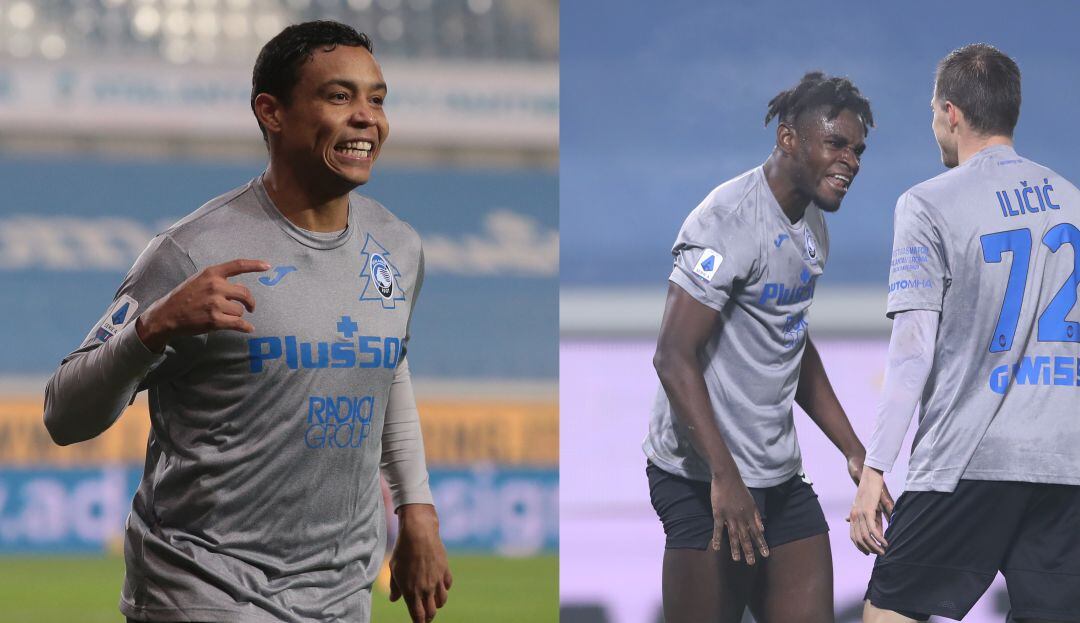 Duván Zapata y Luis Fernando Muriel celebran su gol ante la Roma ante al Atalanta