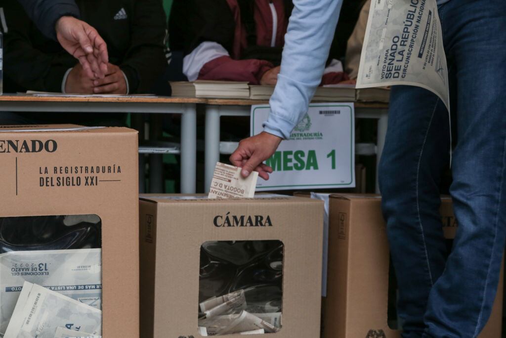 BOGOTA, COLOMBIA - MARCH 13: Presidential Candidate, Gustavo Petro, votes at a polling station during Colombian parliamentary elections at Congress of Colombia in Bogota, Colombia, March 13, 2022. (Photo by Juancho Torres/Anadolu Agency via Getty Images)