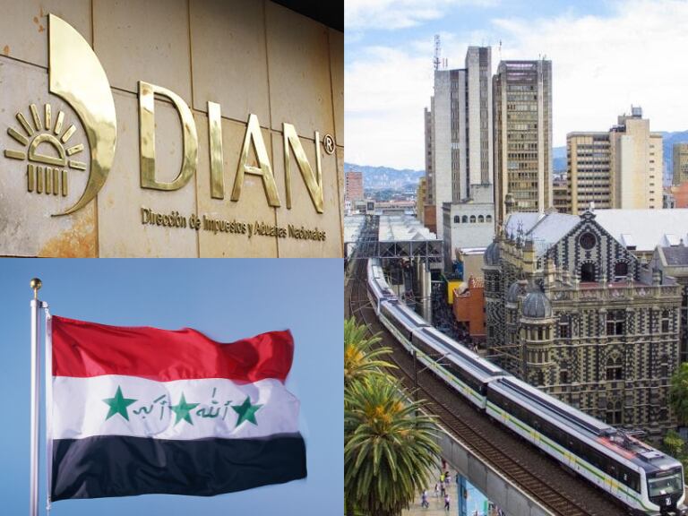 Logo de la DIAN, la bandera de Irak y al lado una vista panorámica de la ciudad de Medellín (Fotos vía Getty Images y Cortesía)