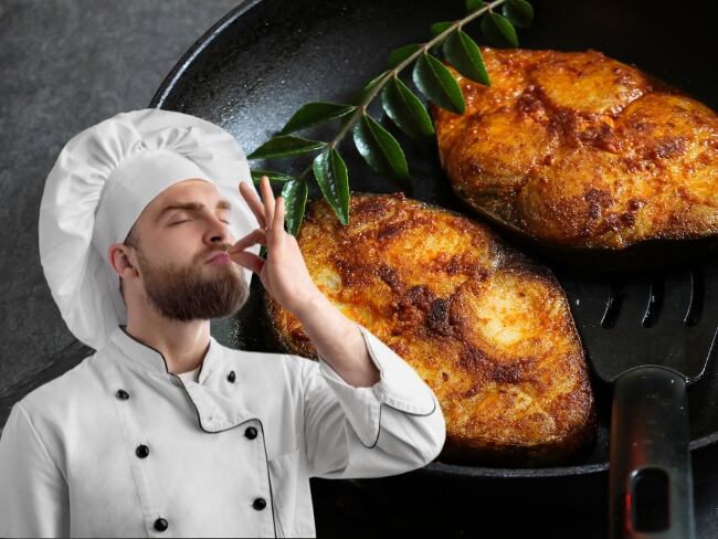Imagen de referencia // chef // pescado en   un sartén