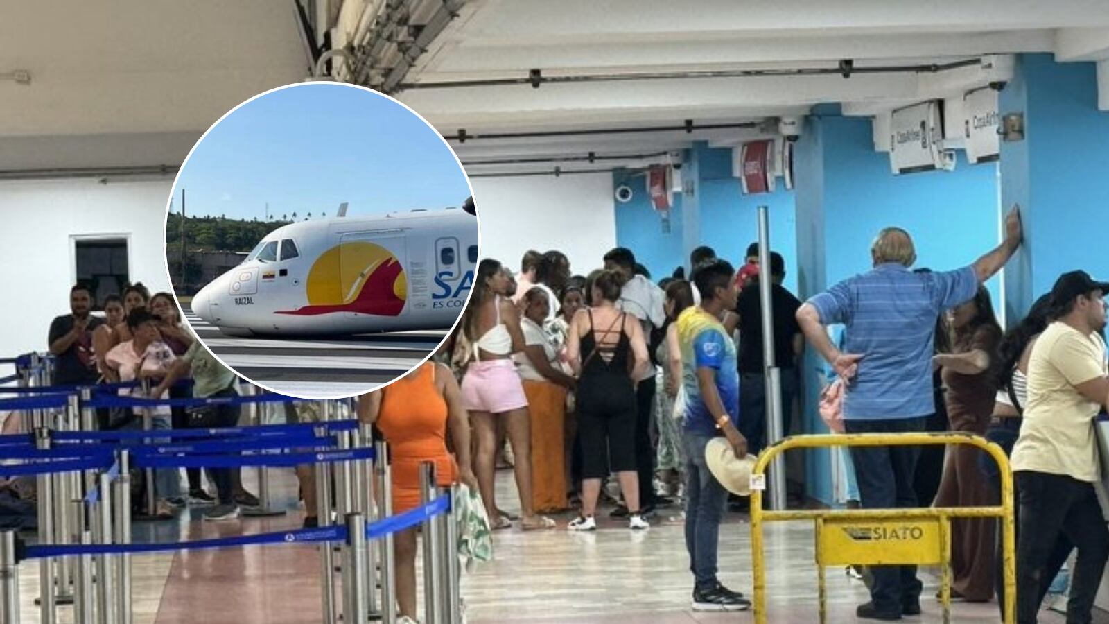 Evacuación de pasajeros del aeropuerto de San Andrés por accidente de avión de Satena./ Foto: En X @AndresOClavijo y tomada de redes (avión).