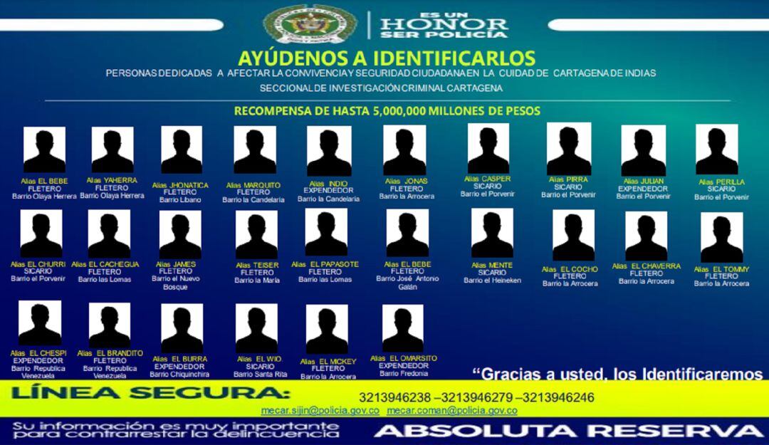 La institución ofrece hasta cinco millones de pesos por estas personas solicitadas por los delitos de homicidio, hurto y tráfico de estupefacientes