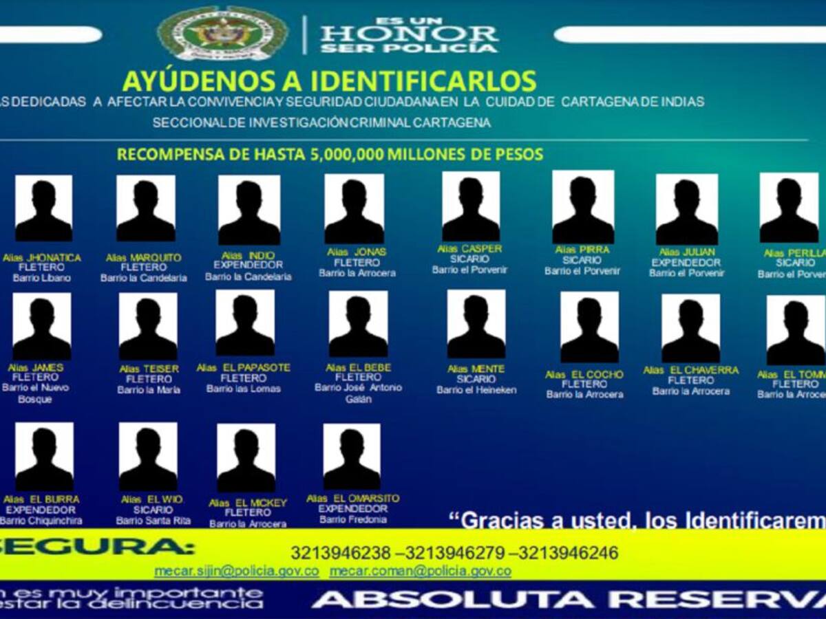 Policía elaboró cartel de los 26 delincuentes más buscados de Cartagena