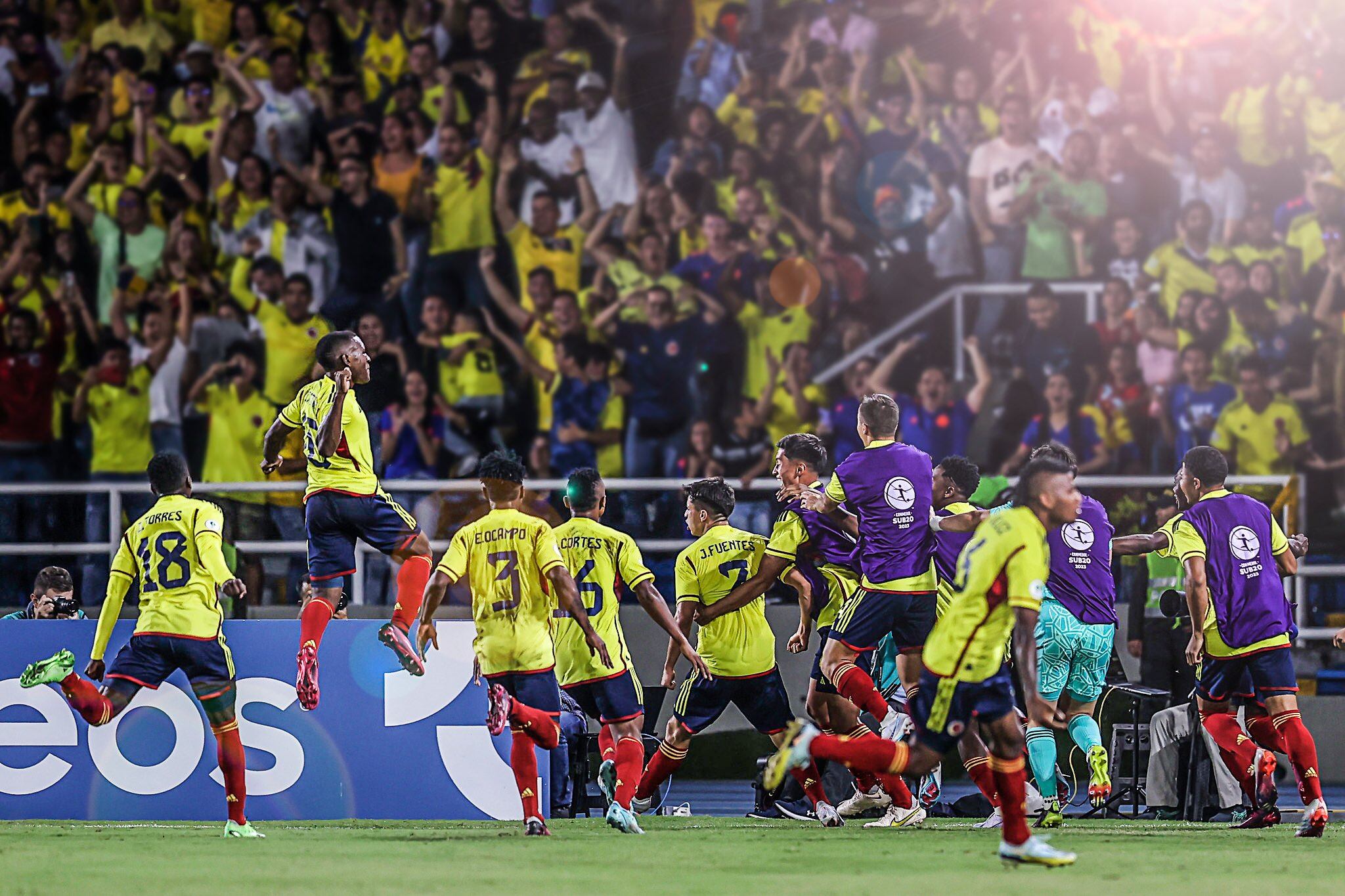 Los jugadores de Colombia celebran el gol de Fuentes para la clasificación / FCF.