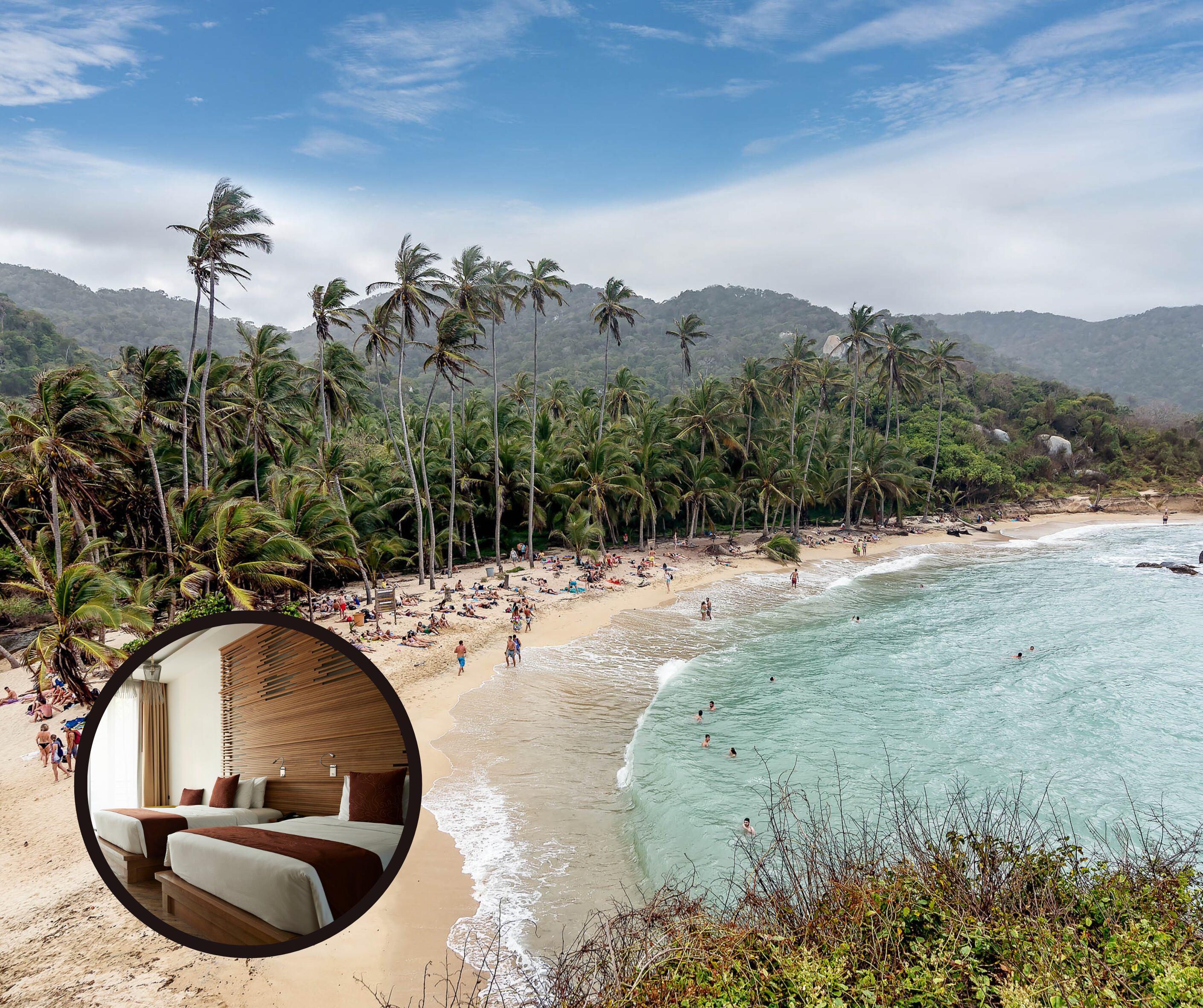 Parque Nacional Tayrona junto a la imagen de una habitación de hotel (Getty Images)