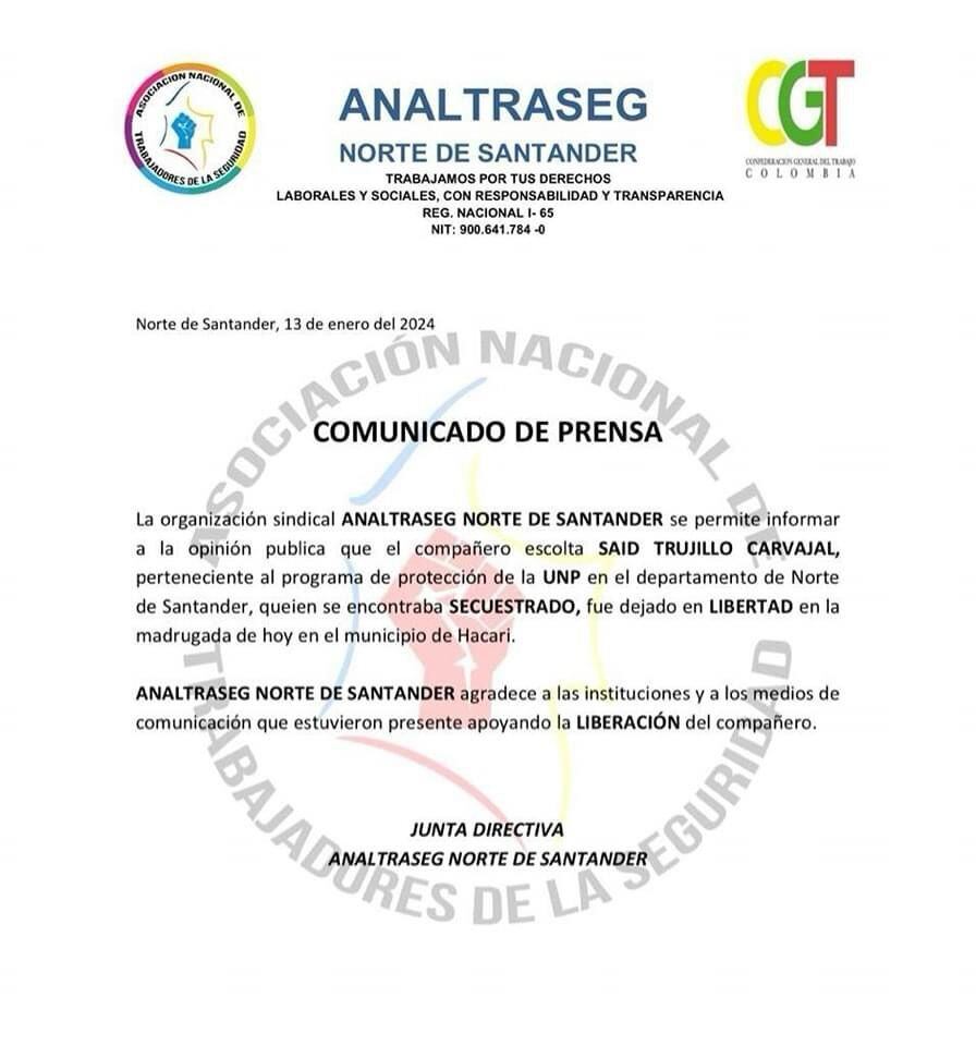 Reportan la liberación de escolta de la UNP