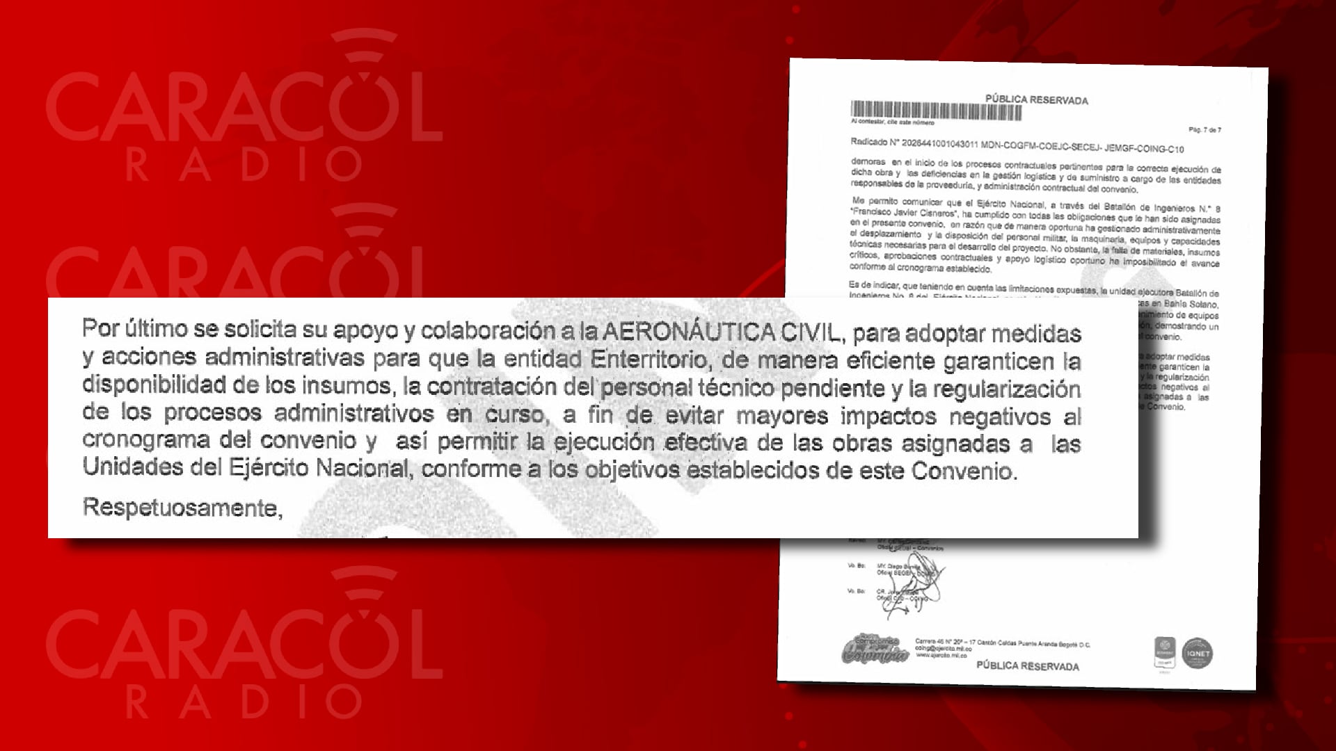 La solicitud del Comando de Ingenieros del Ejército a la Aerocivil, para que EnTerritorio cumpla y garantice suministro de materiales.