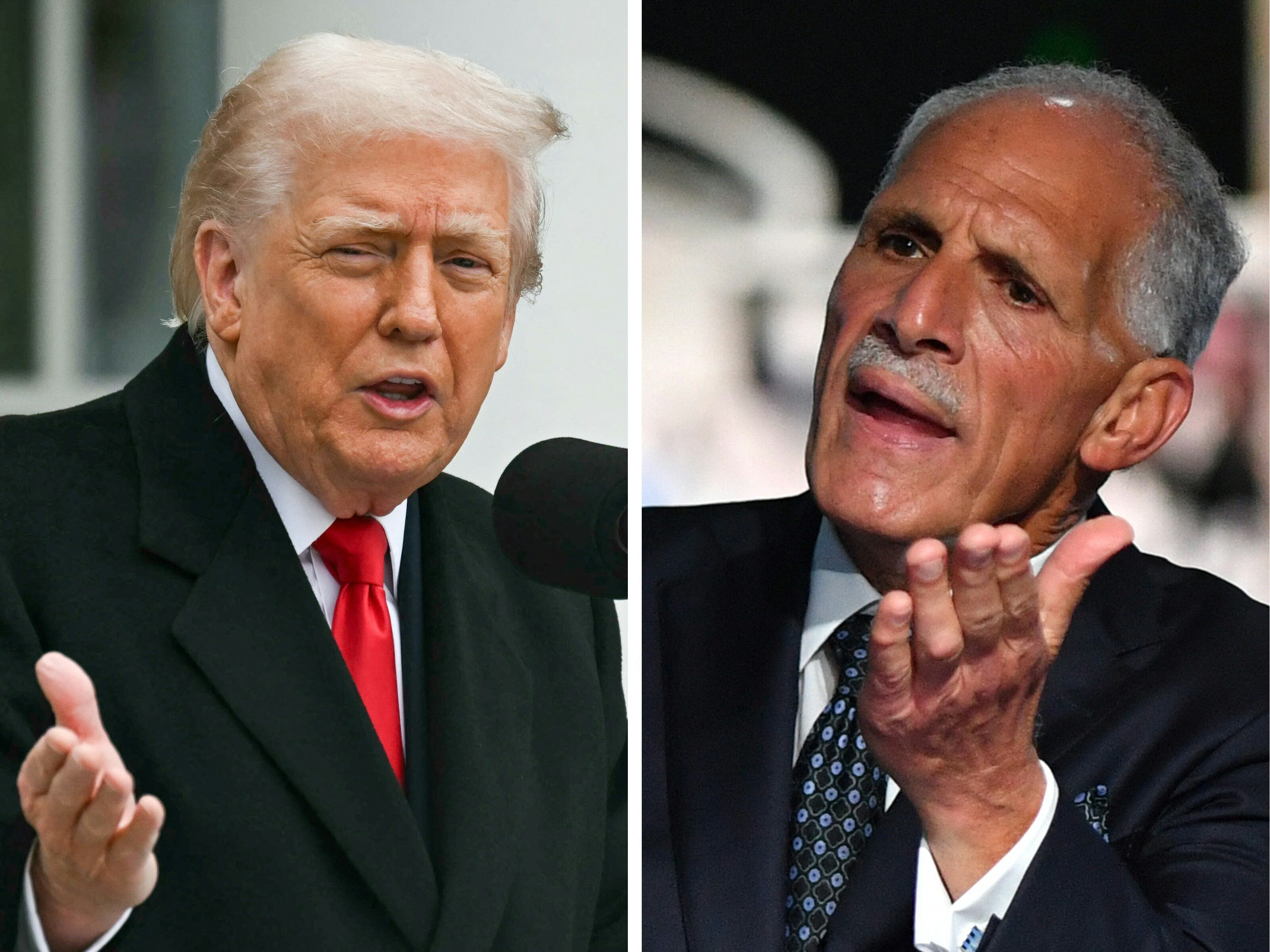 (COMBO) This combination of files pictures created on November 26, 2025 showsUS President Donald Trump (L) speaking during the turkey pardon ceremony in the Rose Garden of the White House in Washington, DC on November 25, 2025, and Honduran presidential candidate and businessman Nasry Asfura of the National Party delivering a speech as he presents his government plan in Tegucigalpa on November 11, 2025.. US President Donald Trump on November 26, 2025, endorsed right-wing candidate Nasry Asfura in the upcoming presidential election in Honduras, saying the two can work together against the region's "narcocommunists." (Photo by ANDREW CABALLERO-REYNOLDS and Orlando SIERRA / AFP)