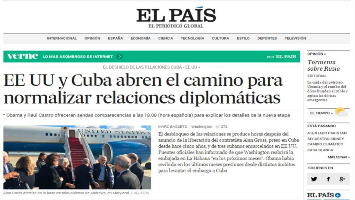 Las portadas de varios diario y sitios web destacaron ampliamente la orden que dio Obama para restablecer las relaciones entre los dos países.